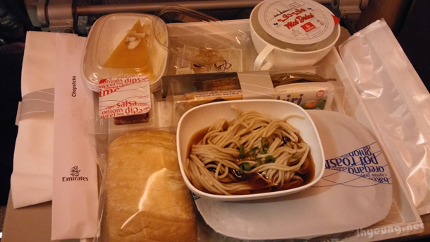 Soba noodles on plane.