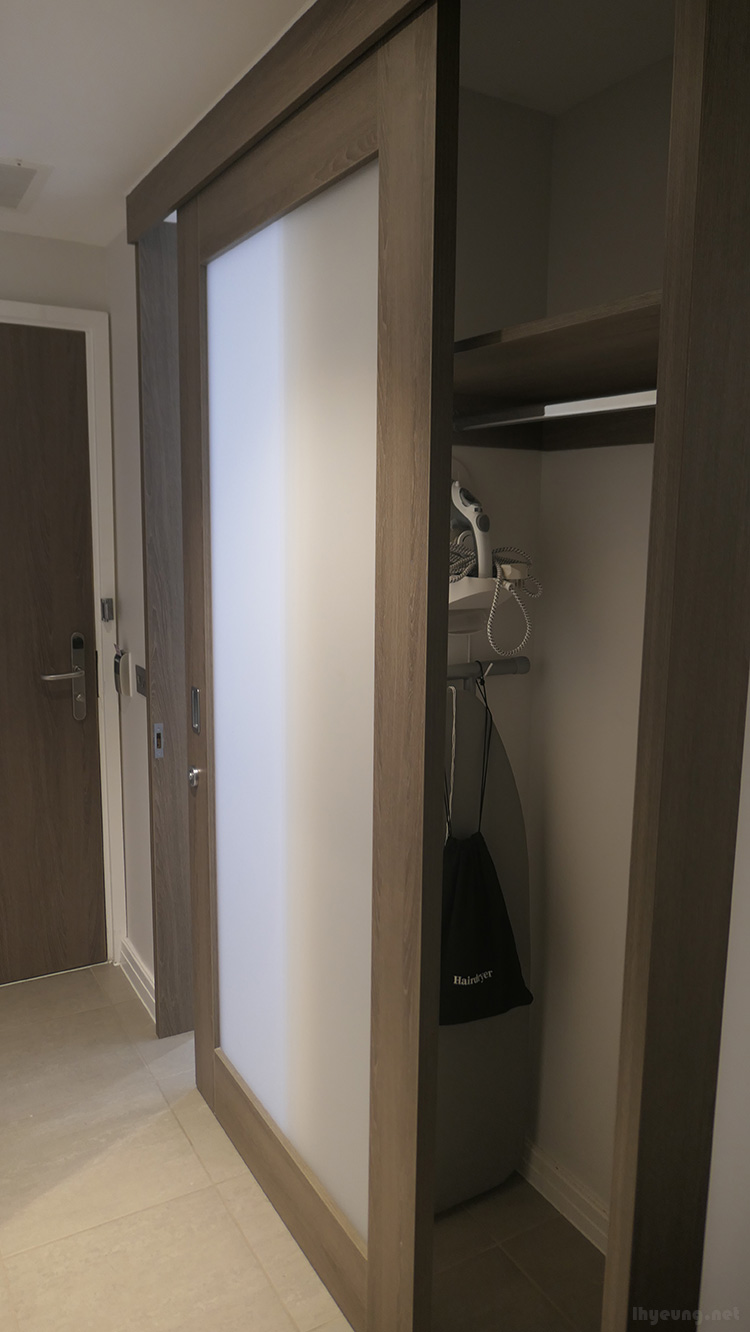 One sliding door for the closet and bathroom. One sliding door for the closet and bathroom.